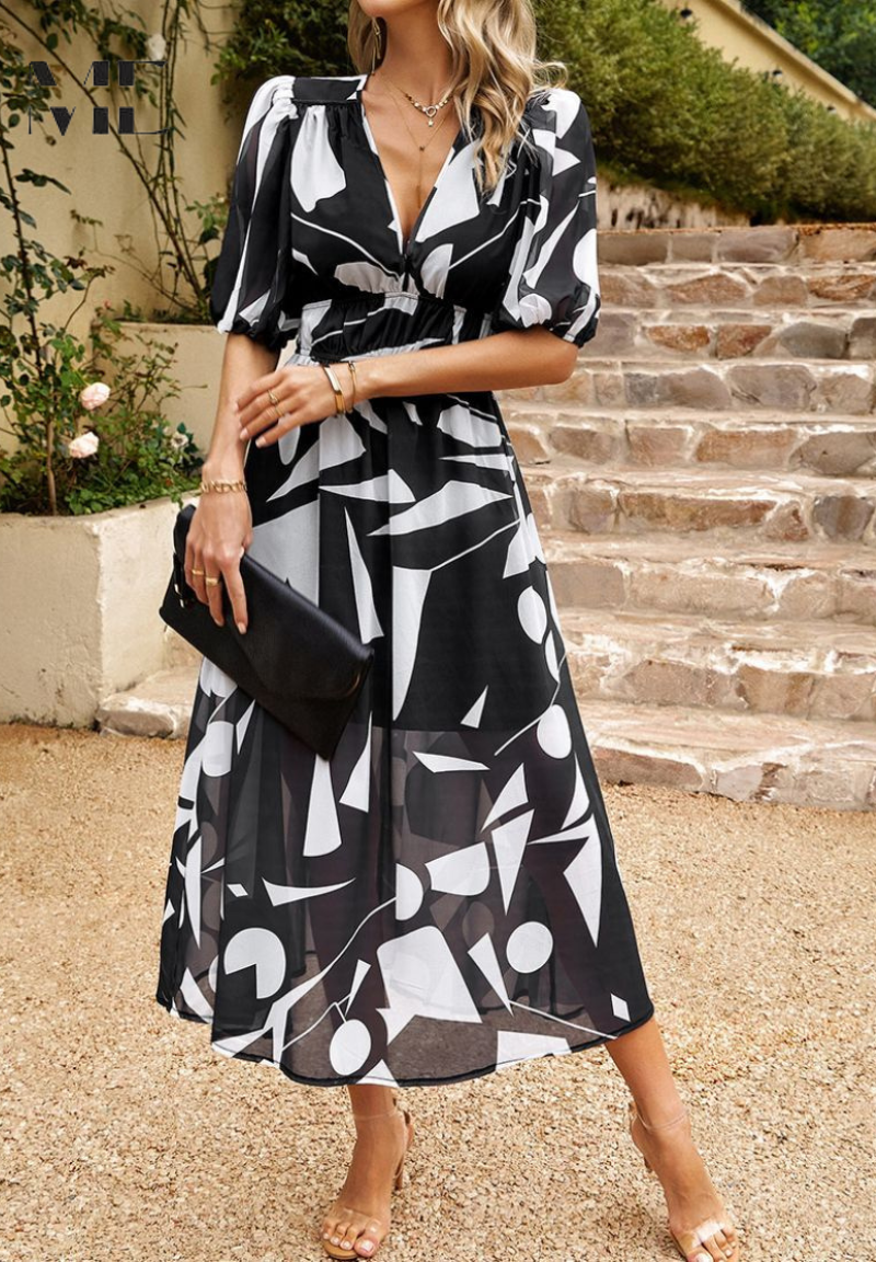 Image of Theresa | Women's V-Neck A-Line Midi Dress