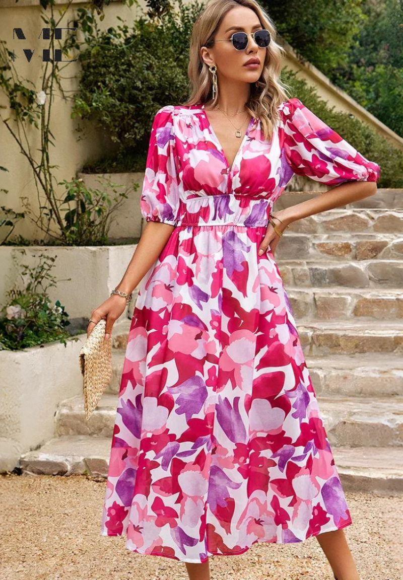 Image of Theresa | Women's V-Neck A-Line Midi Dress