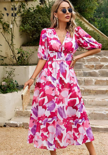 Image of Theresa | Women's V-Neck A-Line Midi Dress