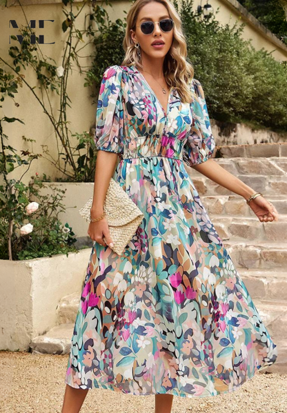 Image of Theresa | Women's V-Neck A-Line Midi Dress