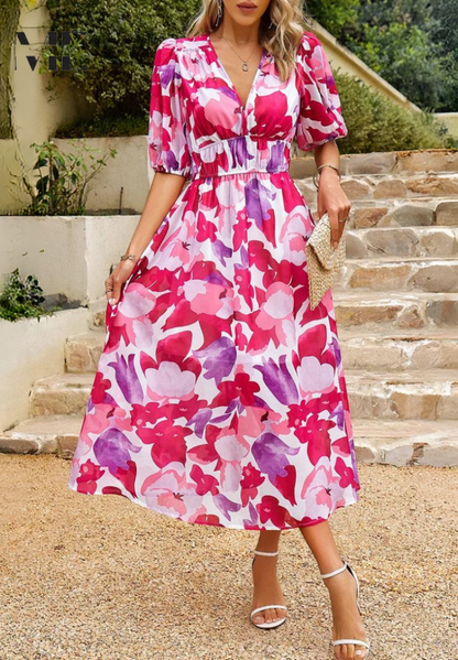 Image of Theresa | Women's V-Neck A-Line Midi Dress