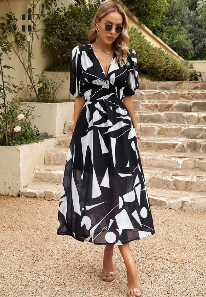 Image of Theresa | Women's V-Neck A-Line Midi Dress