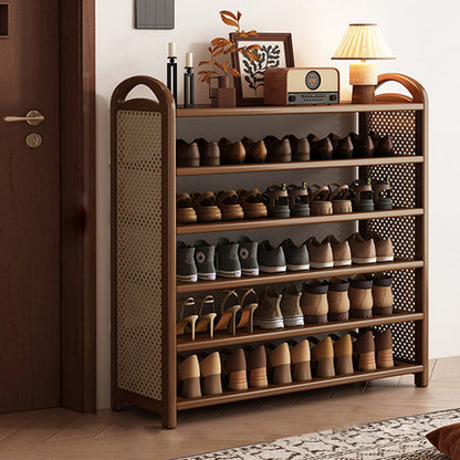 Traditional Vintage Rectangular Bamboo, MDF and PE Rattan 5/6-Tier Shoe Storage Shelf for Entryway and Living Room