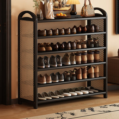 Traditional Vintage Rectangular Bamboo, MDF and PE Rattan 5/6-Tier Shoe Storage Shelf for Entryway and Living Room
