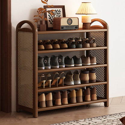 Traditional Vintage Rectangular Bamboo, MDF and PE Rattan 5/6-Tier Shoe Storage Shelf for Entryway and Living Room