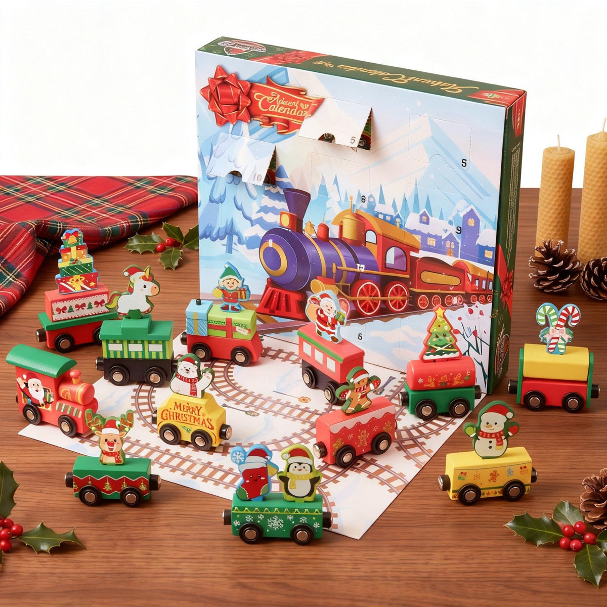 Train Advent Calendar with 12 Friction-Powered Cars That Link Together with Magnets