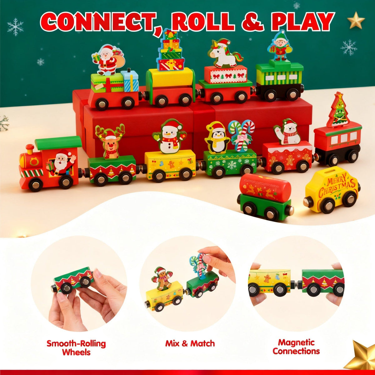 Train Advent Calendar with 12 Friction-Powered Cars That Link Together with Magnets