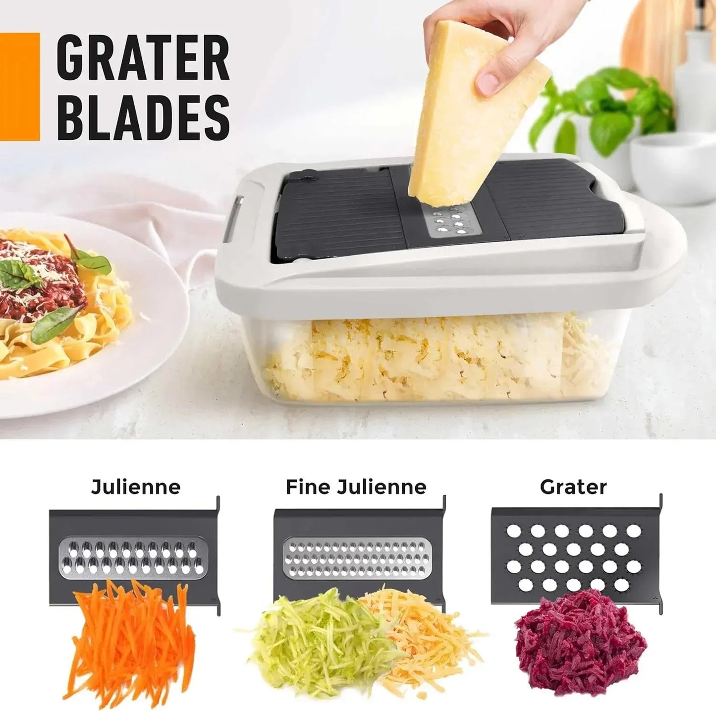 Vegetable Slicer | Dicing, Slicing and Grating | Catch Container & Safety Holder