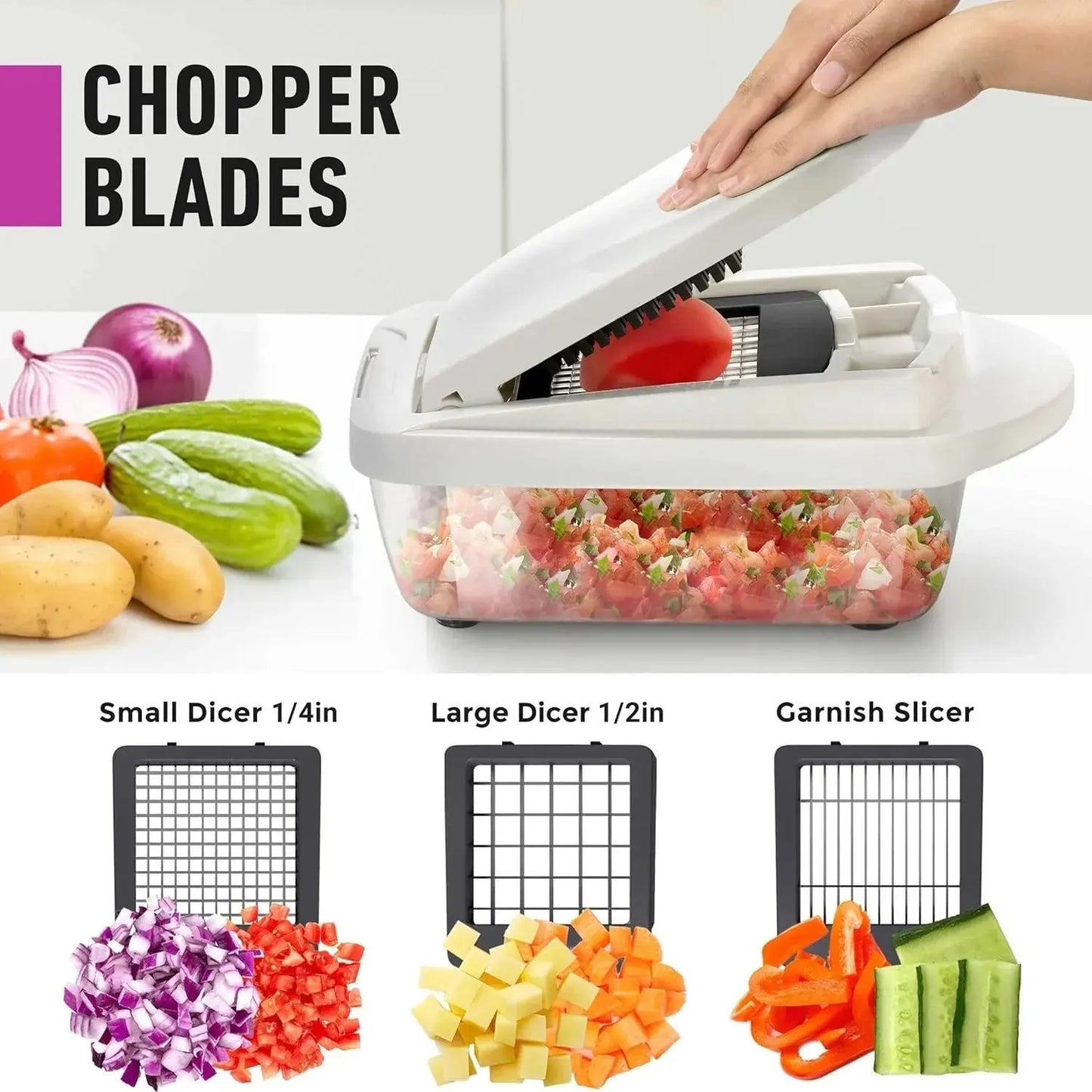 Vegetable Slicer | Dicing, Slicing and Grating | Catch Container & Safety Holder