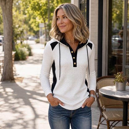 Waffle-Knit Colorblock Button V-Neck Hoodie