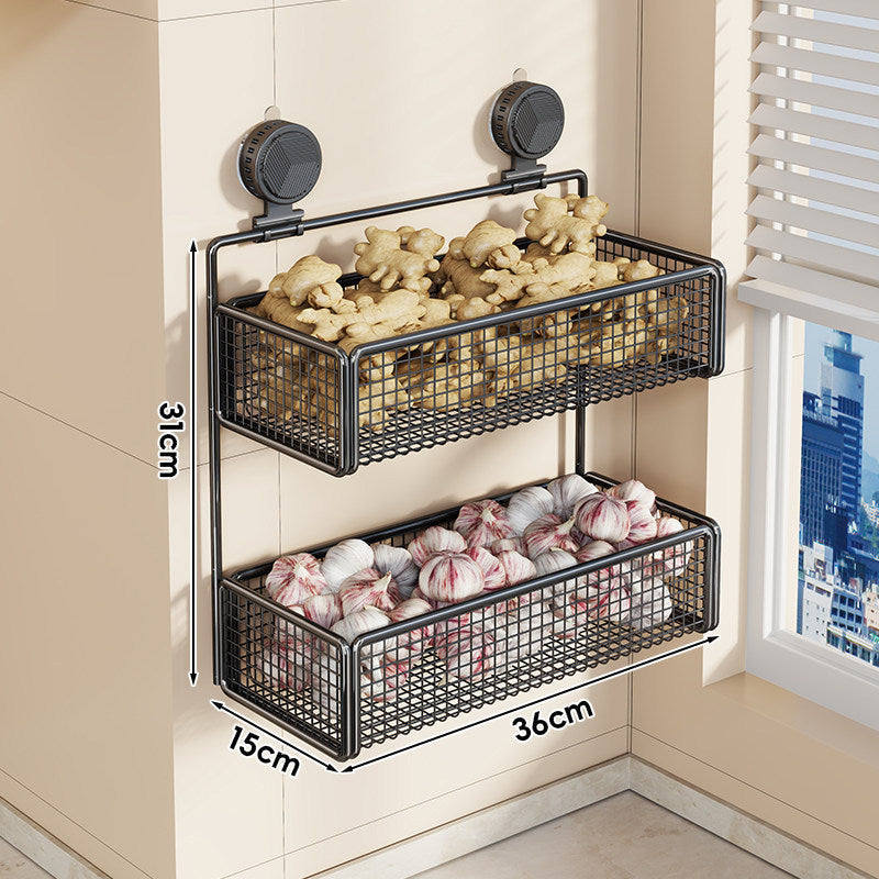 Wall-Mounted Suction Mesh Produce Storage Basket Set with Two-Tier Adjustable Rack