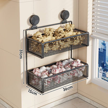 Wall-Mounted Suction Mesh Produce Storage Basket Set with Two-Tier Adjustable Rack