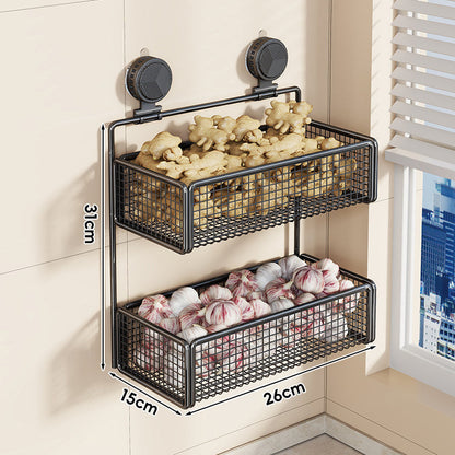 Wall-Mounted Suction Mesh Produce Storage Basket Set with Two-Tier Adjustable Rack