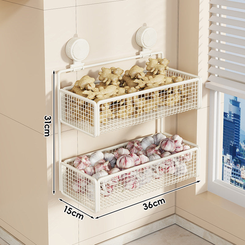 Wall-Mounted Suction Mesh Produce Storage Basket Set with Two-Tier Adjustable Rack