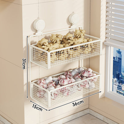 Wall-Mounted Suction Mesh Produce Storage Basket Set with Two-Tier Adjustable Rack