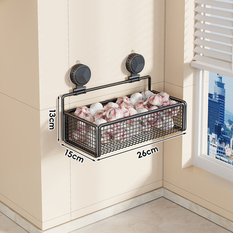 Wall-Mounted Suction Mesh Produce Storage Basket Set with Two-Tier Adjustable Rack