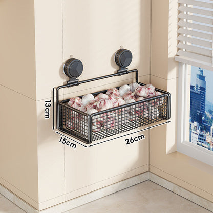 Wall-Mounted Suction Mesh Produce Storage Basket Set with Two-Tier Adjustable Rack