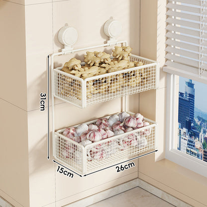 Wall-Mounted Suction Mesh Produce Storage Basket Set with Two-Tier Adjustable Rack