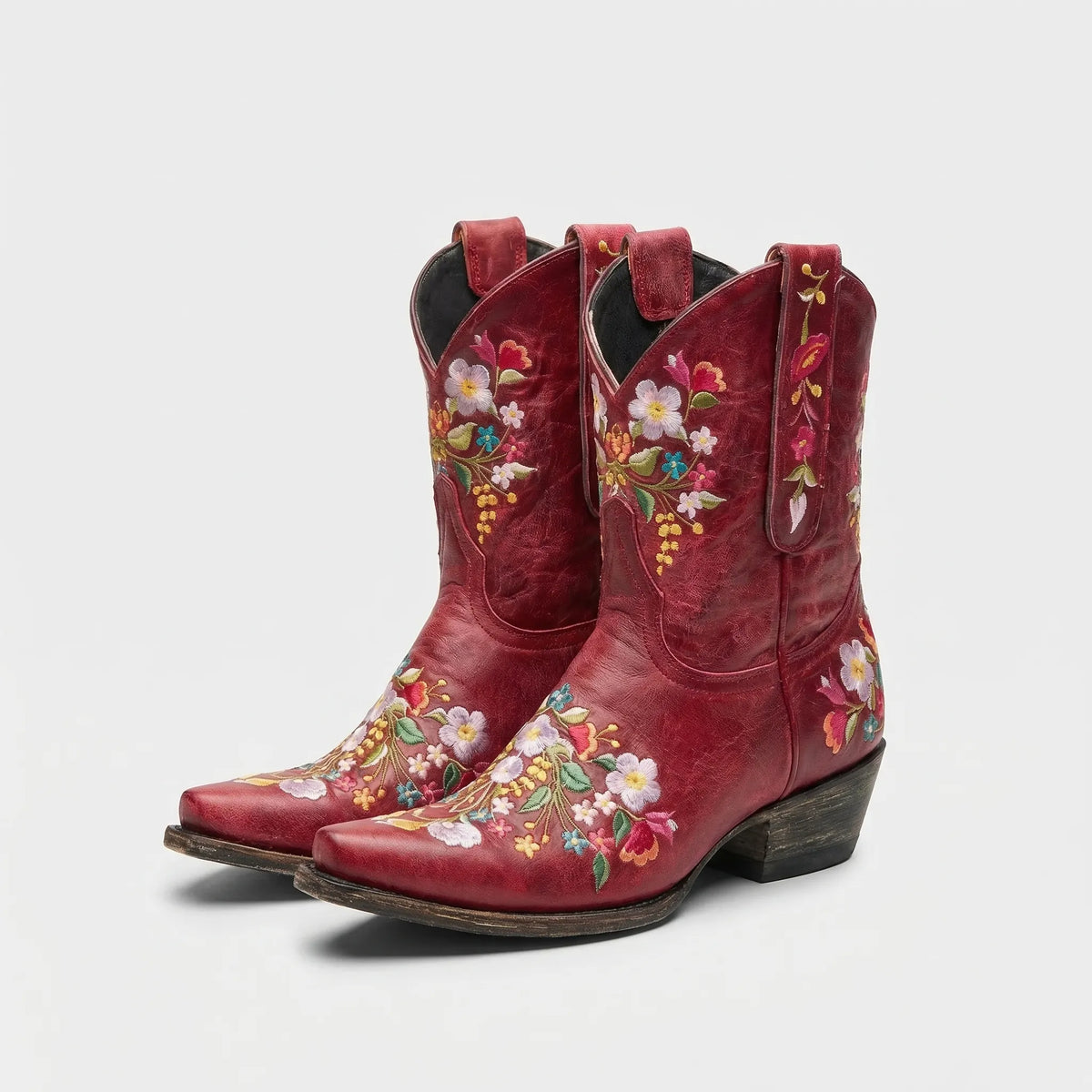 Western Ankle Boots with Floral Embroidery