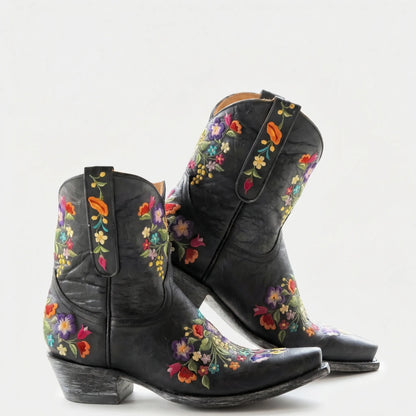 Western Ankle Boots with Floral Embroidery