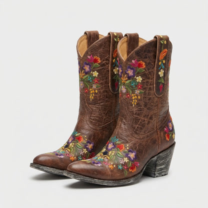 Western Ankle Boots with Floral Embroidery