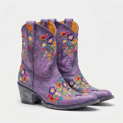 Western Ankle Boots with Floral Embroidery