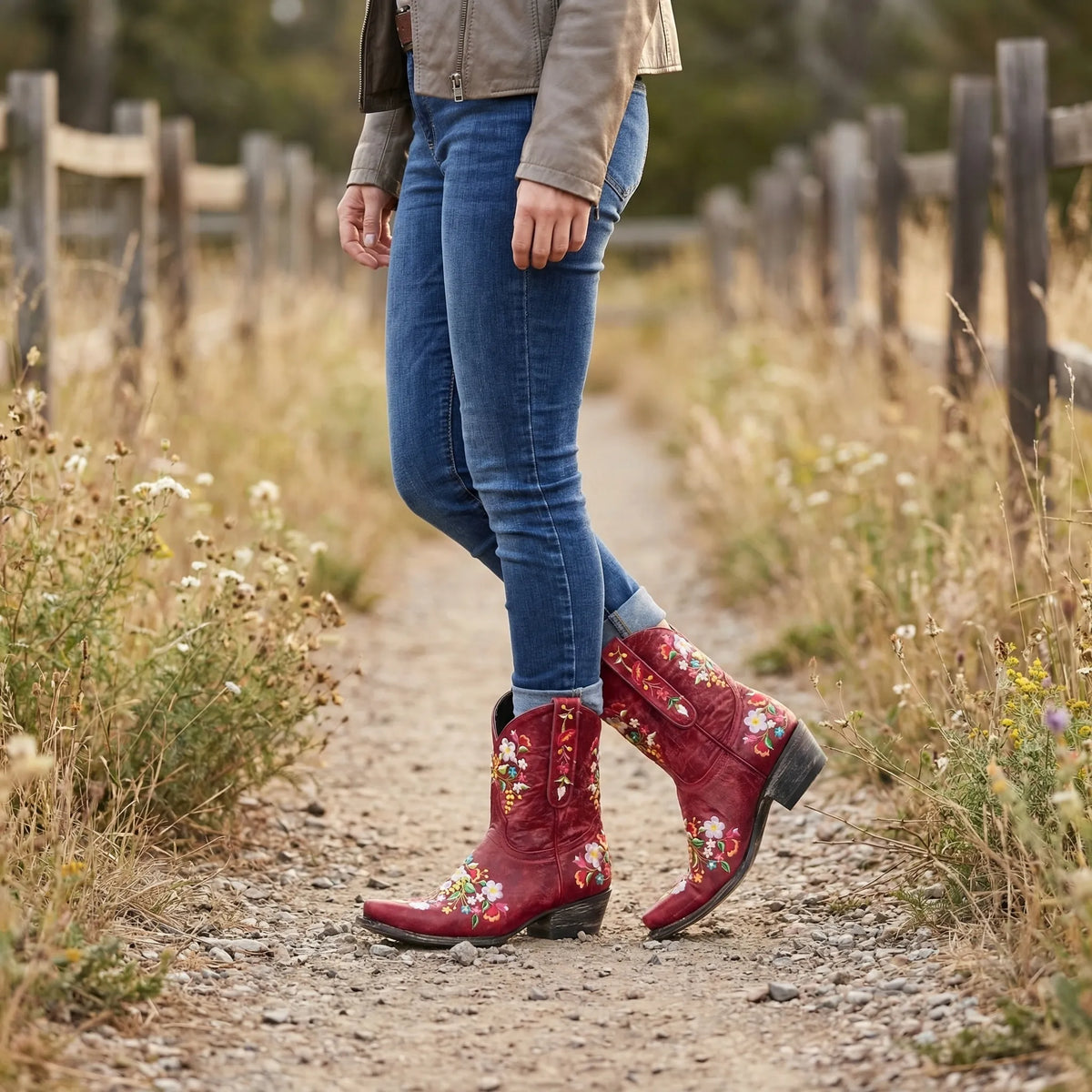 Western Ankle Boots with Floral Embroidery