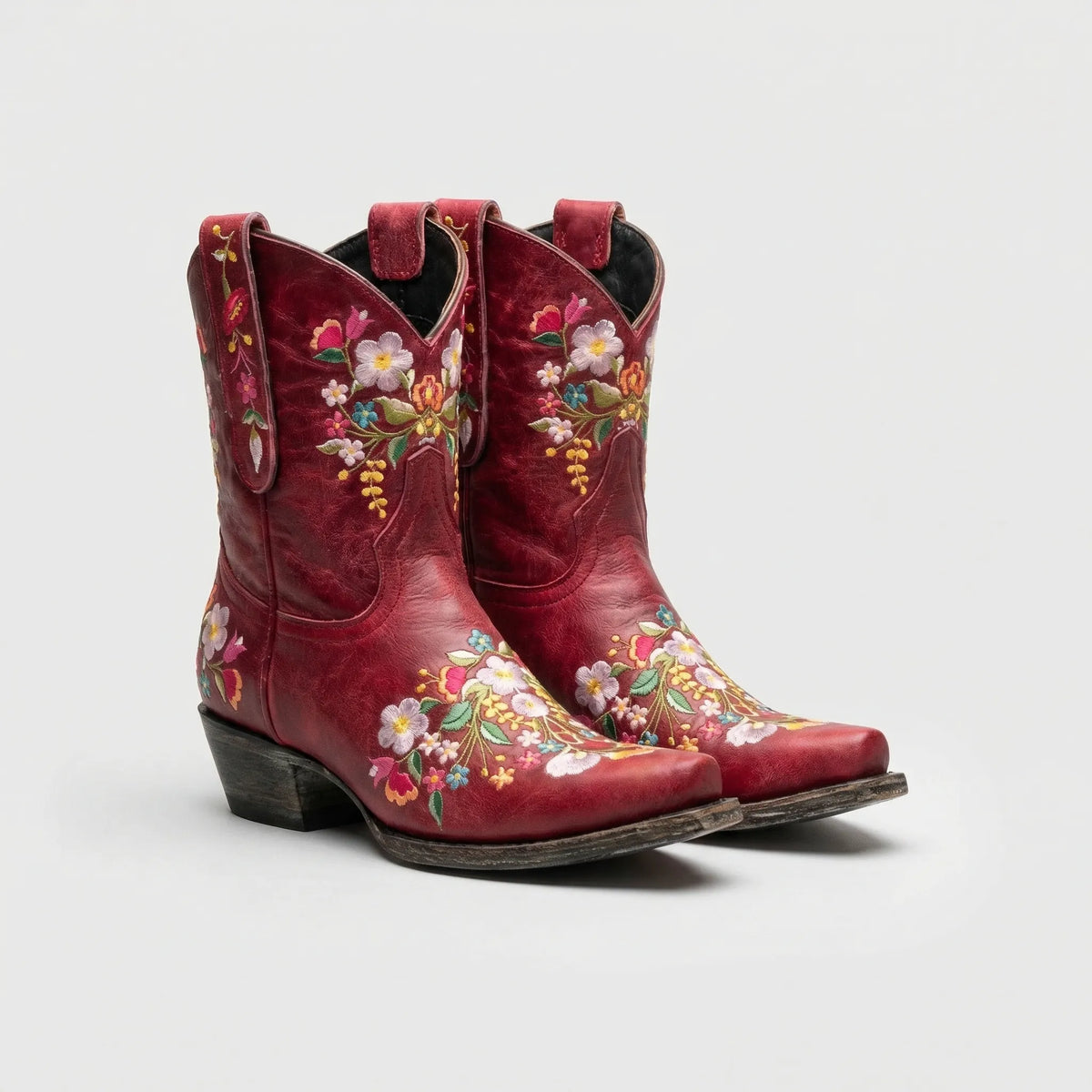 Western Ankle Boots with Floral Embroidery