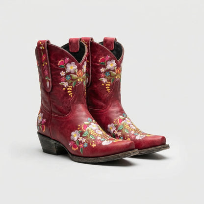 Western Ankle Boots with Floral Embroidery