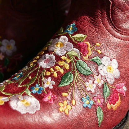 Western Ankle Boots with Floral Embroidery