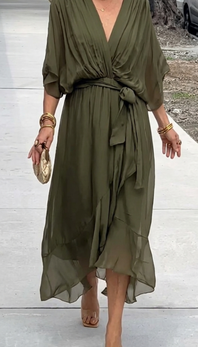 Whitney | Elegant Soft V-Neck Silk Dress for Women - Image 1