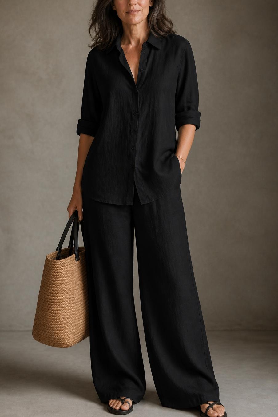 Wide-Leg Trousers and Shirt Two-Piece Set