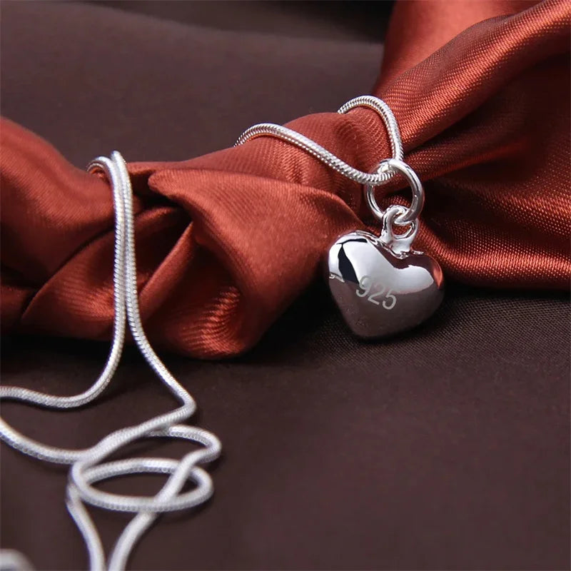 Women's 925 Sterling Silver Small Solid Heart Pendant Necklace with 16–30 Inch Snake Chain