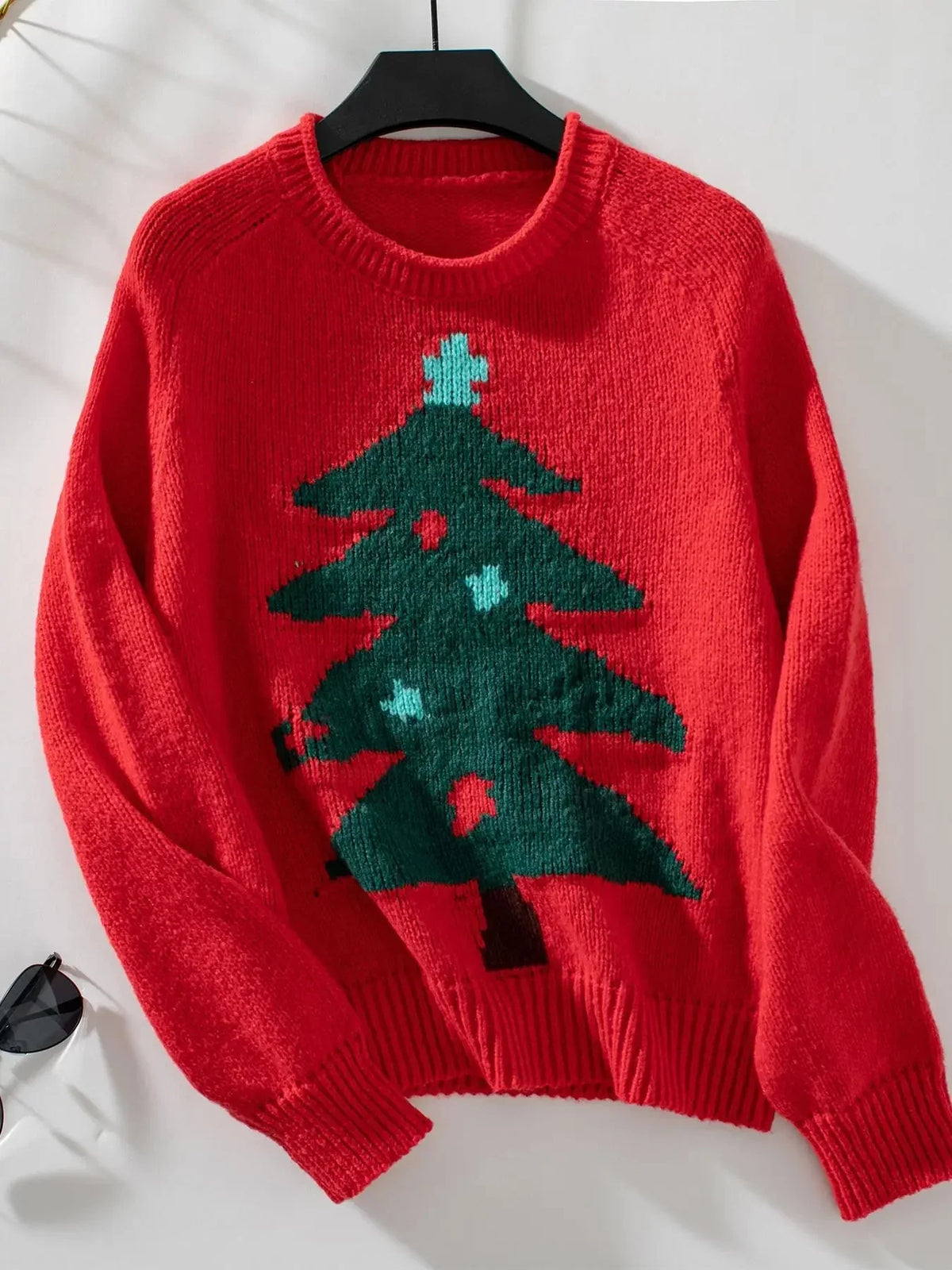 Women's Acrylic Crewneck Christmas Tree Pattern Sweater – Regular Fit for Cold Days