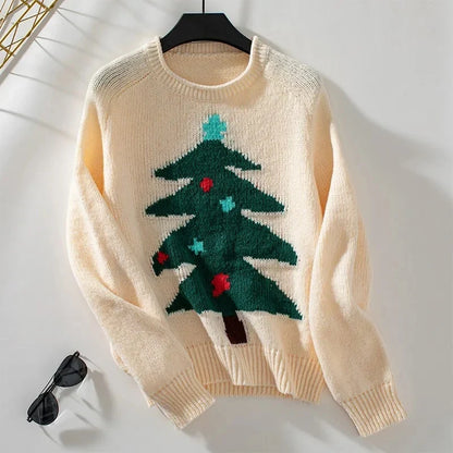 Women's Acrylic Crewneck Christmas Tree Pattern Sweater – Regular Fit for Cold Days