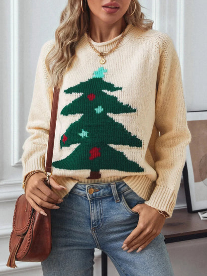 Women's Acrylic Crewneck Christmas Tree Pattern Sweater – Regular Fit for Cold Days