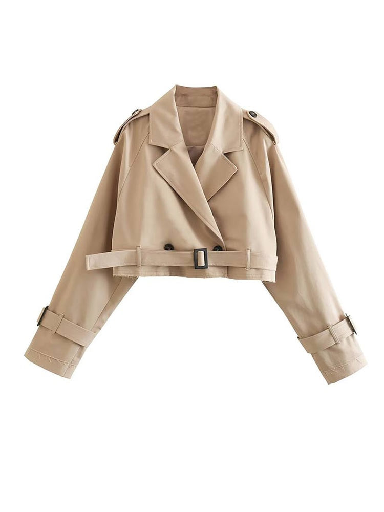 Women's Beige Cropped Double-Breasted Trench Coat
