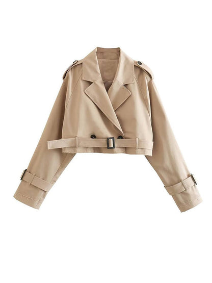 Women's Beige Cropped Double-Breasted Trench Coat