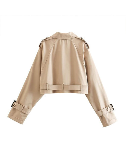 Women's Beige Cropped Double-Breasted Trench Coat