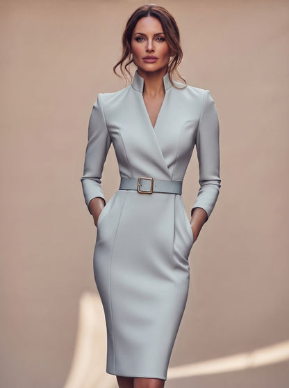 Women's Black V-Neck Long-Sleeve Belted Pencil Midi Dress