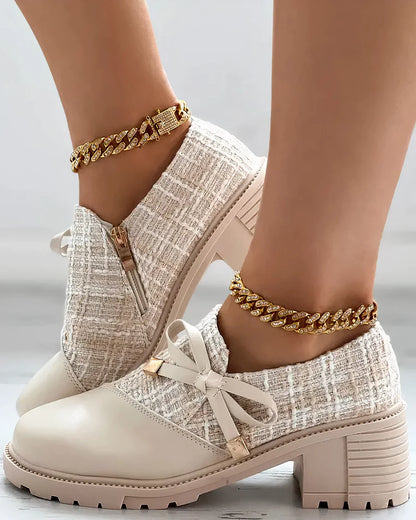 Women's Block Heel Mary Jane Shoes with Side Zip