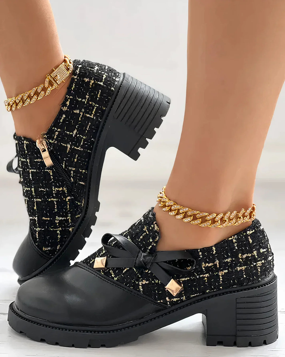 Women's Block Heel Mary Jane Shoes with Side Zip