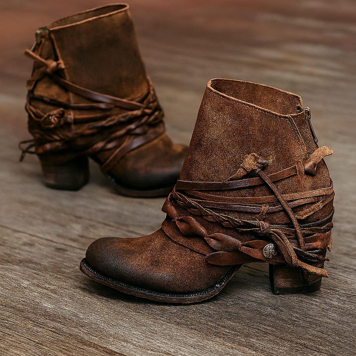 Women's Boho Western Wrap Strap Block-Heel Ankle Boots