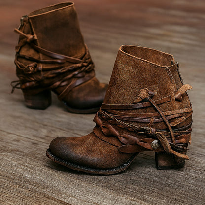 Women's Boho Western Wrap Strap Block-Heel Ankle Boots