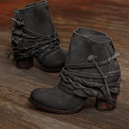 Women's Boho Western Wrap Strap Block-Heel Ankle Boots