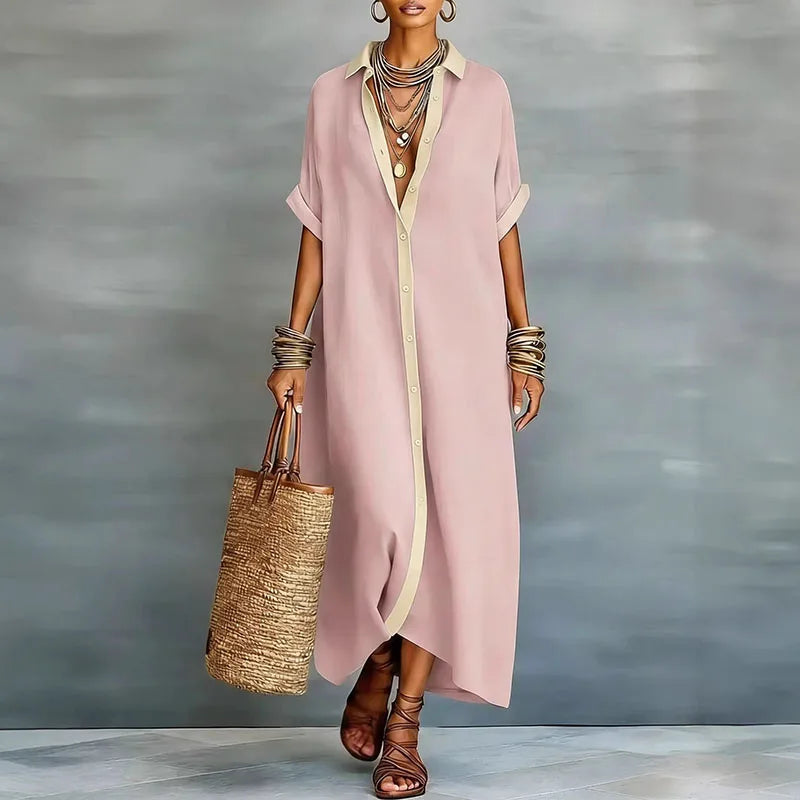 Women's Button-Down Linen Maxi Shirt Dress