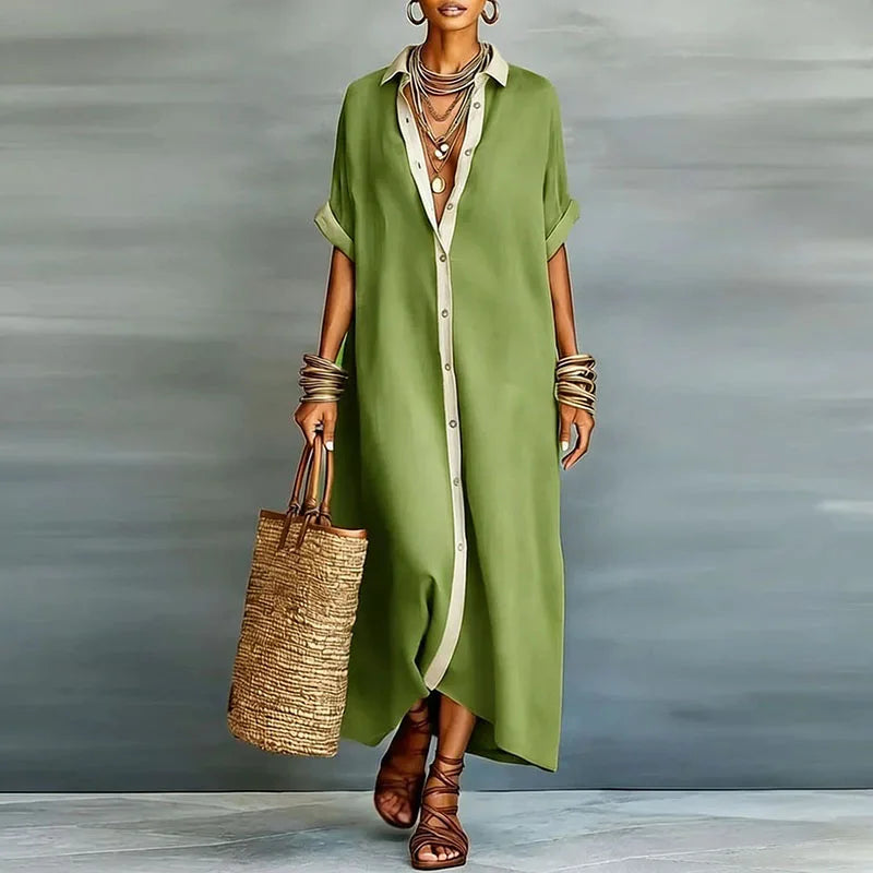 Women's Button-Down Linen Maxi Shirt Dress