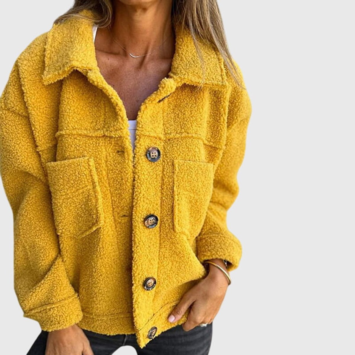 Women's Button-Front Sherpa Fleece Jacket with Lapel Collar