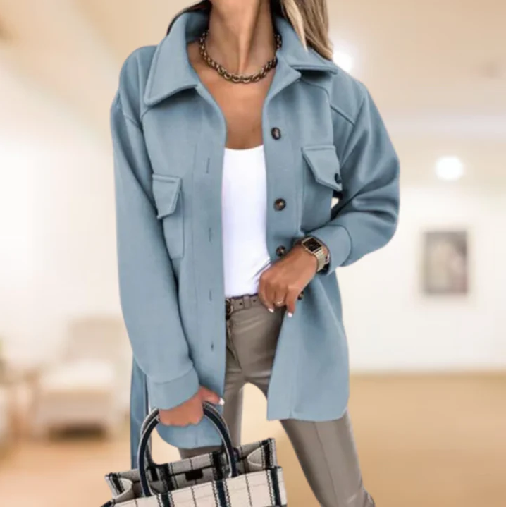 Women's Button-Front Shirt Jacket with Tie Belt