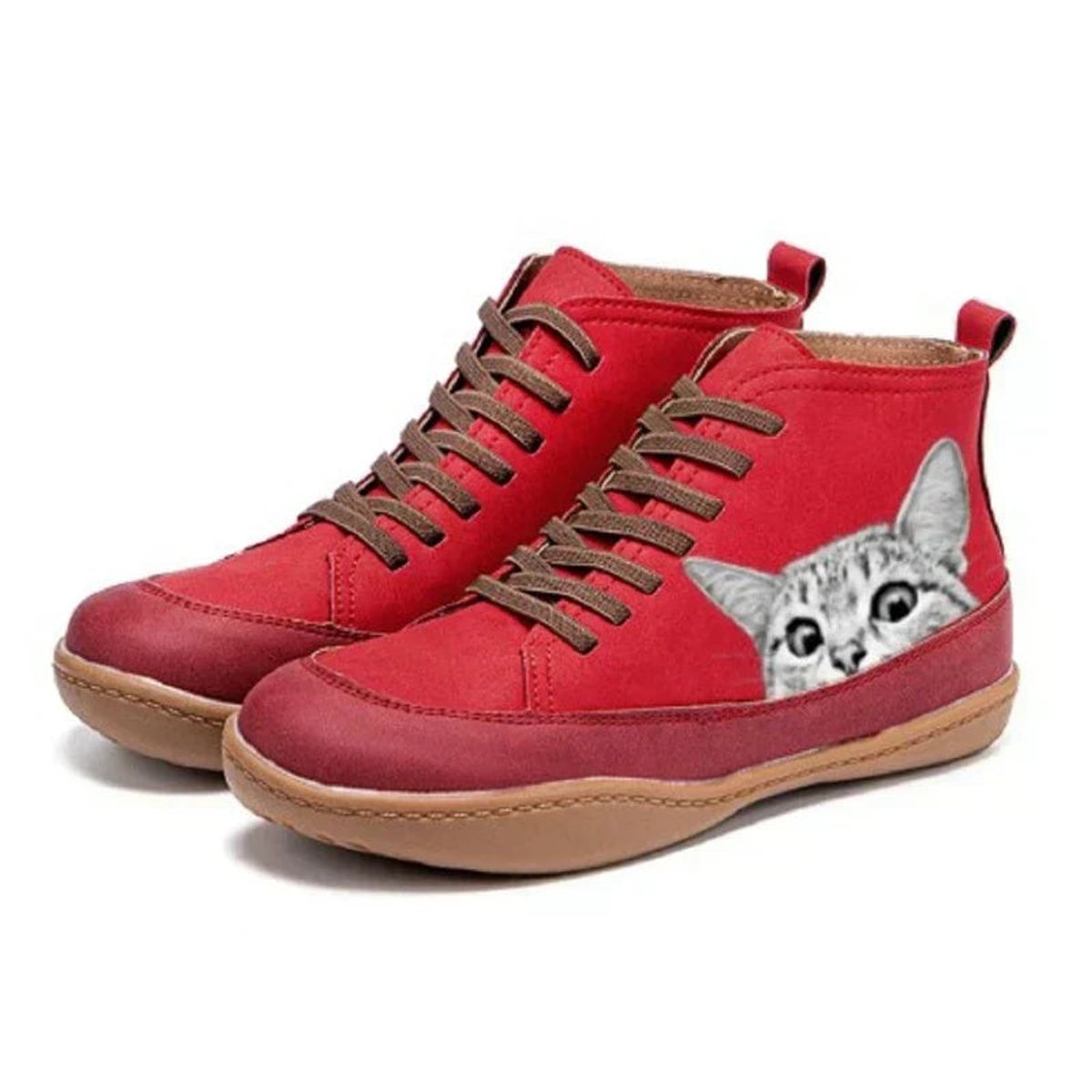 Women's Cat Print High-Top Lace-Up Ankle Boots